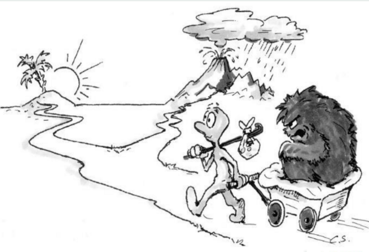 Artikel Schwerpunkt Schmerz Karikatur mit Mann und Monster