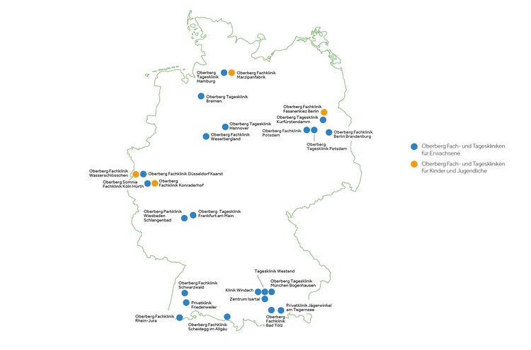Karte mit den Standorten der OBG Fach- und Tageskliniken