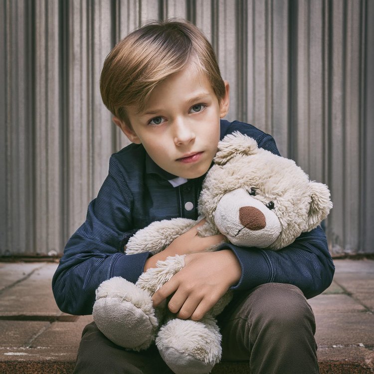 Junge mit Kuscheltier im Arm sitzt traurig da