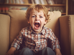 kleiner Junge mit kariertem Hemd sitzt im Sessel und schreit laut