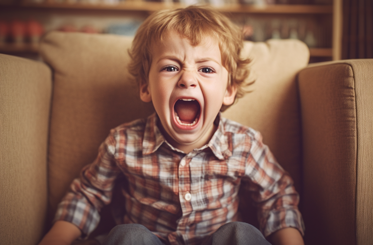 kleiner Junge mit kariertem Hemd sitzt im Sessel und schreit laut