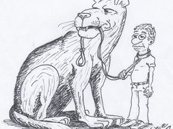 Artikel Schwerpunkt Schmerz Karikatur Mann mit großem Hund