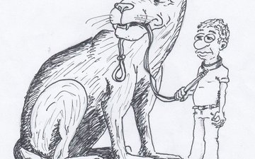 Artikel Schwerpunkt Schmerz Karikatur Mann mit großem Hund