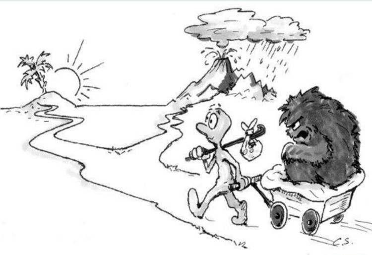 Artikel Schwerpunkt Schmerz Karikatur mit Mann und Monster