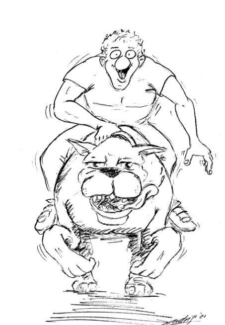 Artikel Schwerpunkt Schmerz Karikatur Mann mit großem Hund