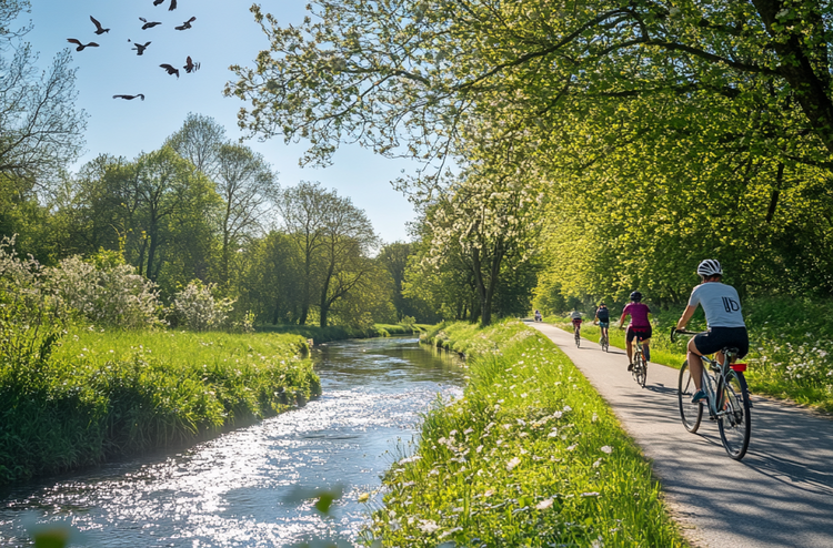 Radfahrer fahren auf einem Radweg entlang, kleiner Bachlauf nebenan