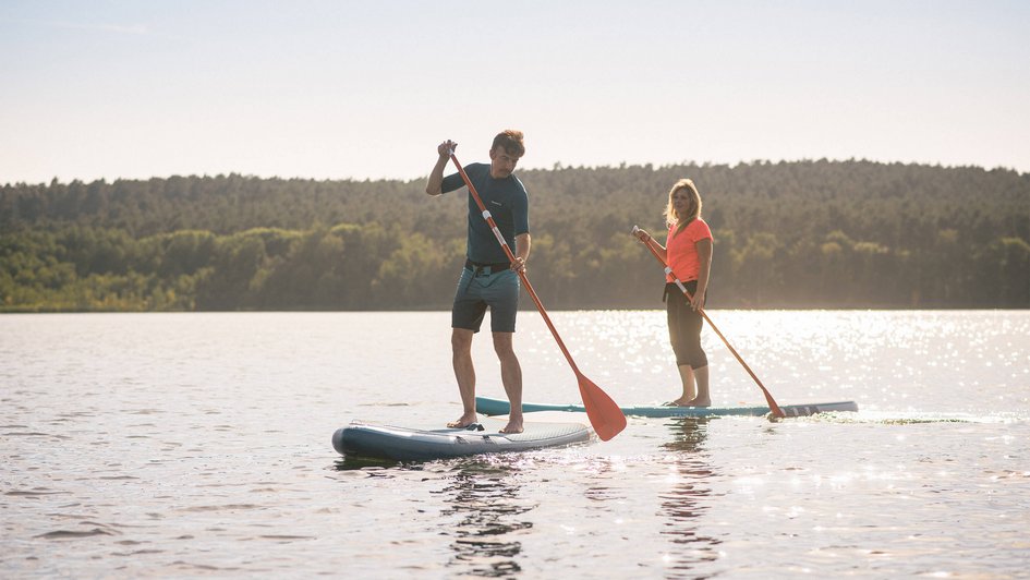 Eine Frau und ein Mann laufen auf einem Steg und tragen Stand-up-Paddling-Boards. Im Hintergrund Schilf