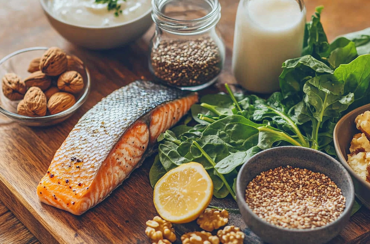 Lachs, Nüsse, Samen, Vollkorn, Blattgemüse hübsch angerichtet auf einem Holztisch und Brettchen